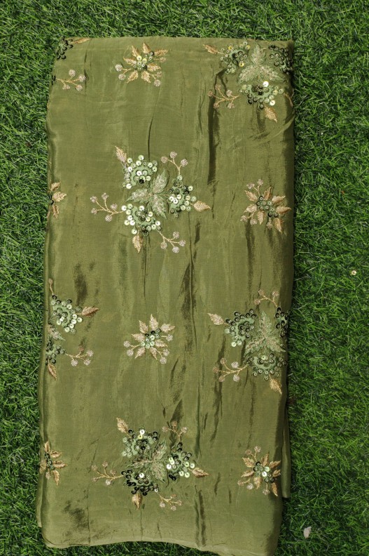 Dark Green Chiffon Fabric With Chinnon Work