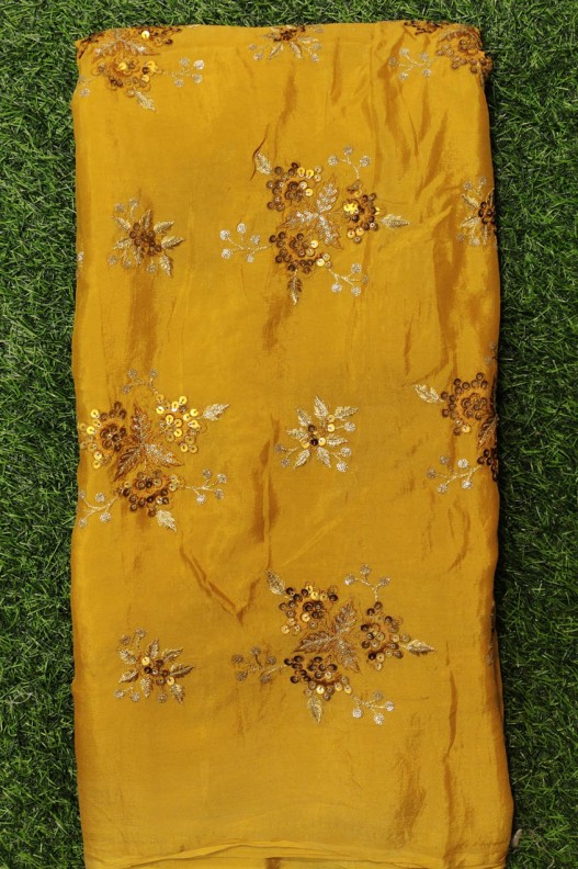Tumeric Yellow Chiffon Fabric With chinnon work
