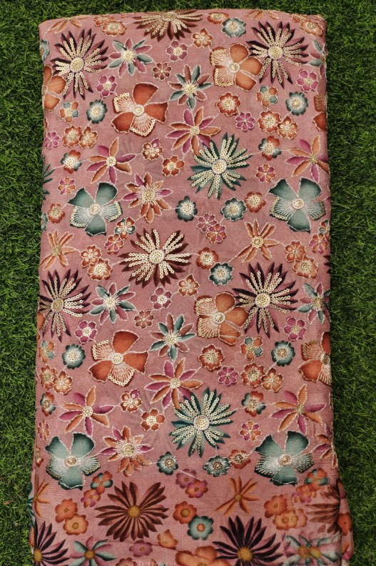 Chiffon Chinnon Orange Fabric With Print Work