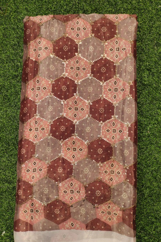 Brown Chiffon Chinnon Printed Work Fabric