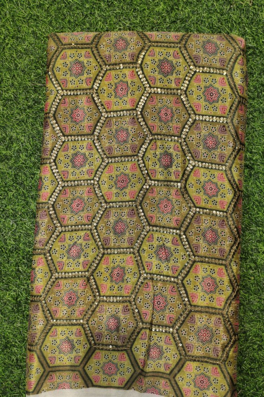 Green Chiffon Chinnon Printed Work Fabric