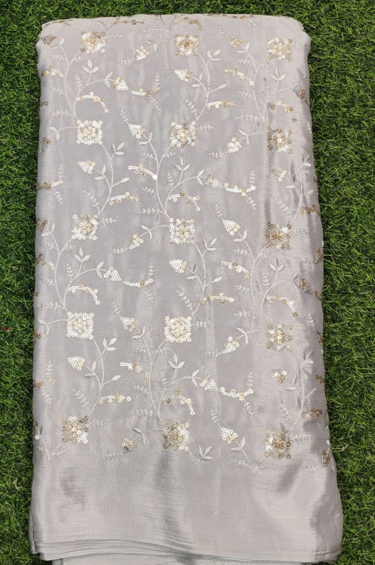Silver Semi Chinnon Work Chiffon Fabric