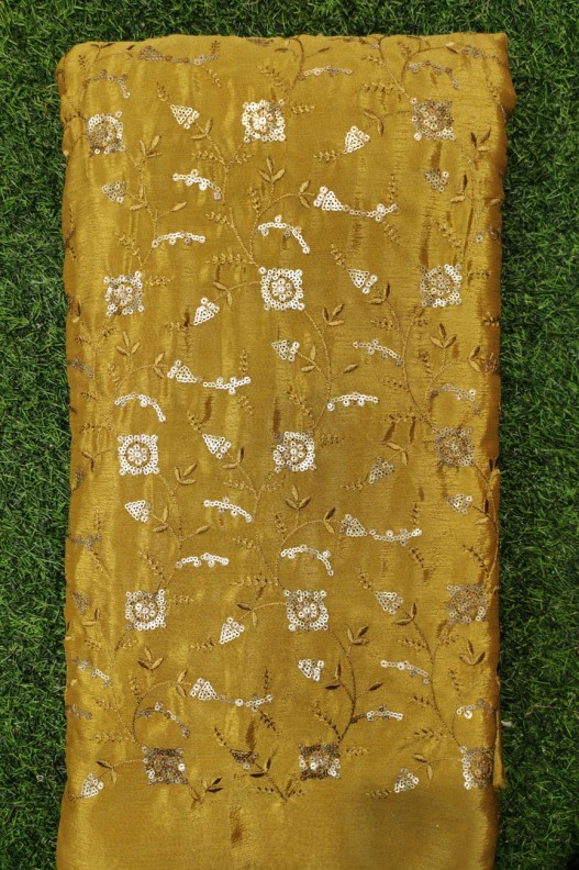 Semi Chinnon Work Tumeric Yellow Chiffon Fabric