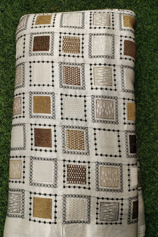 White Gaji Silk With Color Gaji Work Fabric