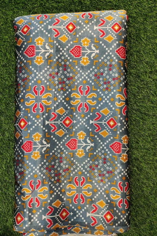 Grey Gaji Silk With Gaji Table Print Fabric
