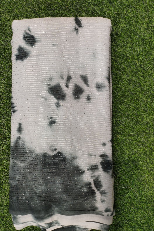 Lightning Light Grey Georgette Fabric With Geo Crochet Tie Die Print