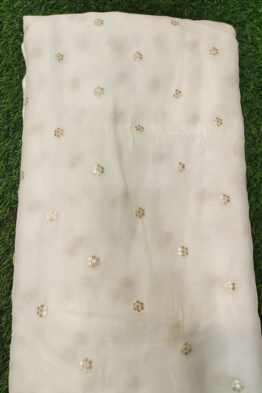 Decent White Georgette Fabric With Geo Dyeable Butti Work