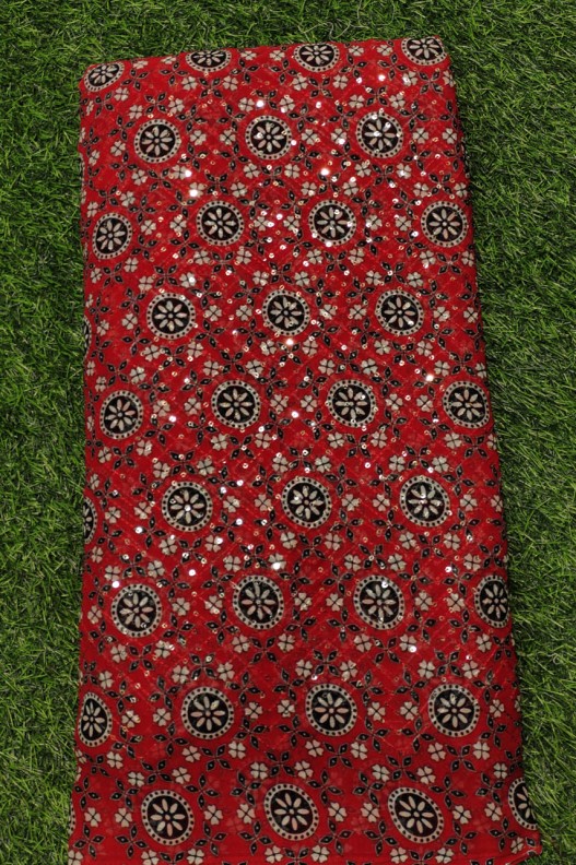 Rusty Red Georgette Fabric With Geo Print