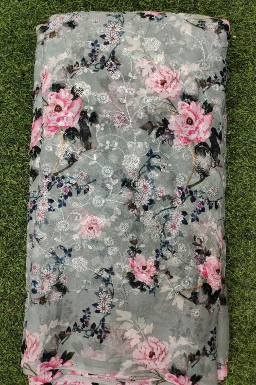 Splendid Sage Green Georgette Fabric With Geo Print