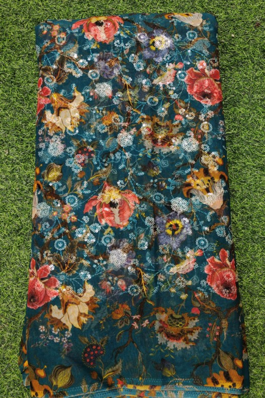 Trendy Turqiouse Blue Georgette Fabric With Geo Print