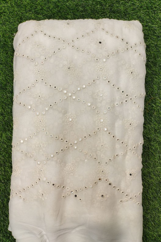 Eye Catching White Georgette Fabric With Geo Mirror Work
