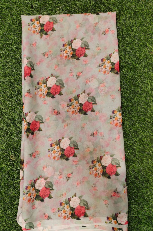 Lustry Light Grey Georgette Fabric With Poly Geo Print