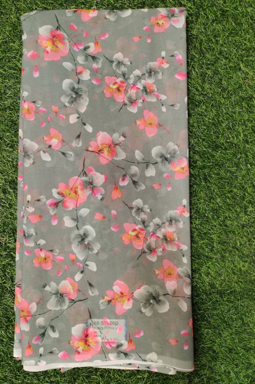 Graftyfying Grey Georgette Fabric With Poly Geo Print