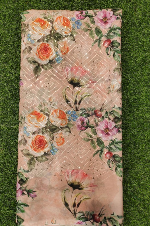 Peach Georgette Fabric With Poly Geo Work Print
