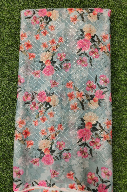 Sky Blue Georgette Fabric With Poly Geo Work Print