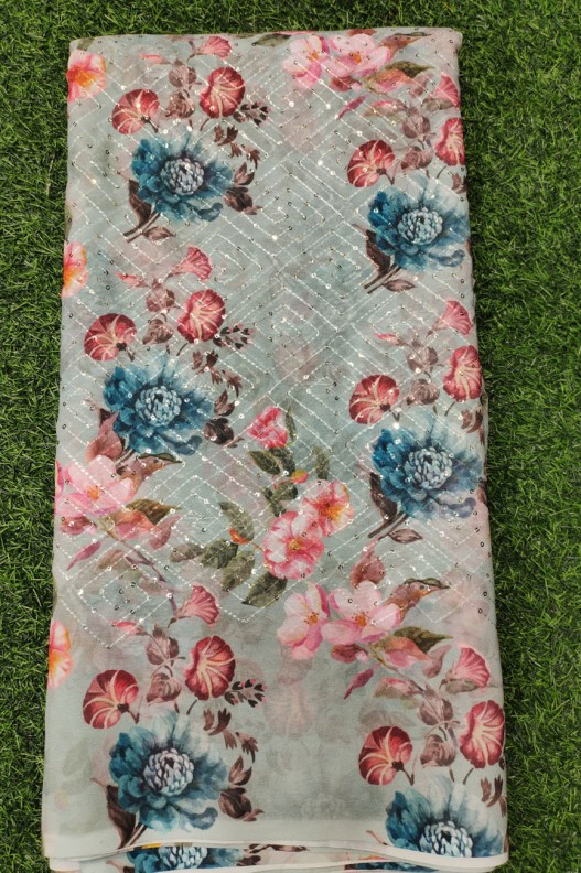 Grey Georgette Fabric With Poly Geo Work Print