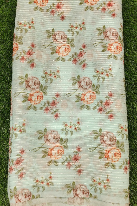 Sage Green Georgette Fabric With Poly Geo Work Print