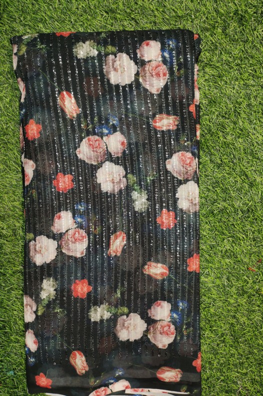 Decent Black Georgette Fabric With Polyster Work print