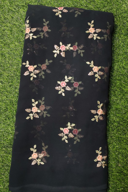 Decent Black Georgette Fabric With Semi Geo Work