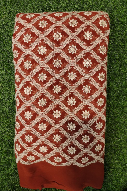 Burgundy Georgette Fabric With Unique Semi Geo Work