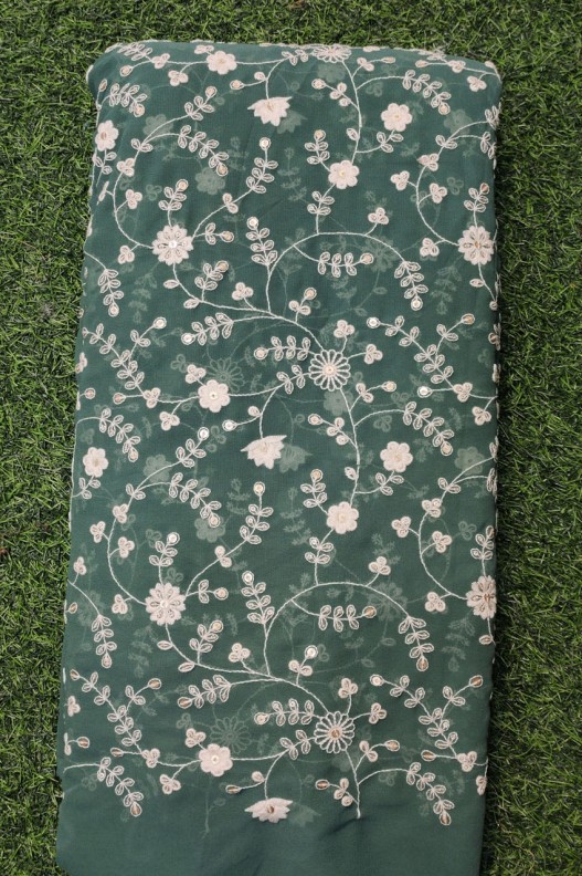 Dazzling Dark Teal Color Georgette Fabric With Semi Geo Work