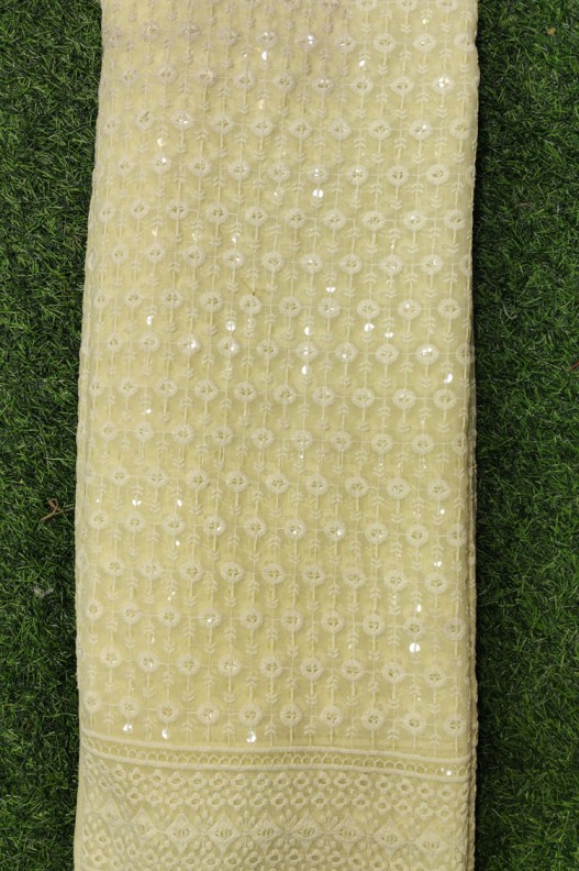 Lightning Light Yellow Georgette Fabric With Semi Geo Work