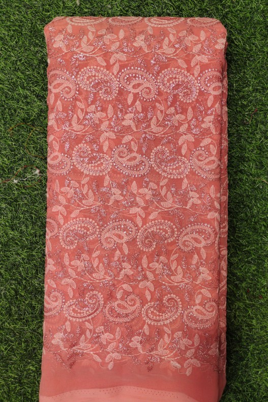 Trendy Terracotta Color Georgette Fabric With Semi Geo Work