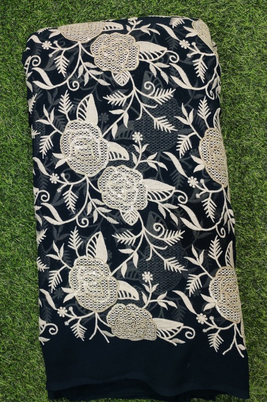 Black Color Georgette Fabric With Unique Semi Geo Work