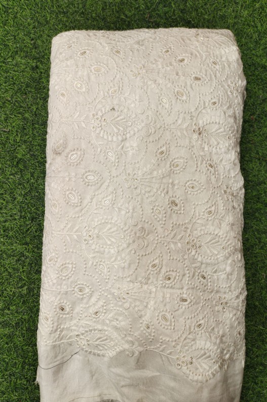 White Lakhnavi Fabric With Flat Lakhnavi Work