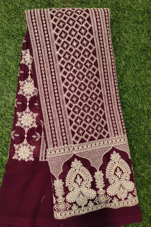 Burgundy Lakhnavi Fabric With Fox Panel Lakhnavi Work