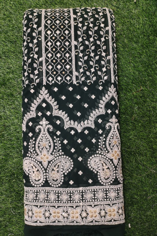 Black Lakhnavi Fabric With Fox Panel Lakhnavi Work