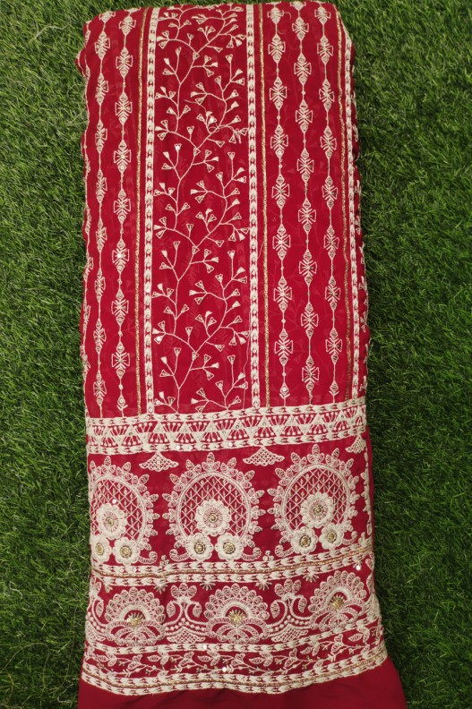 Red Lakhnavi Fabric With Fox Panel Lakhnavi Work