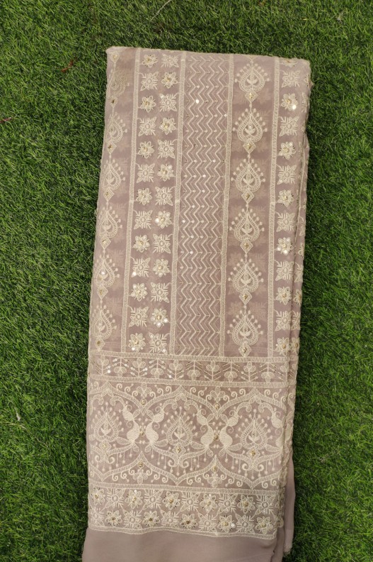 Taupe Lakhnavi Fabric With Fox Panel Lakhnavi Work