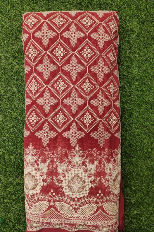 Red Lakhnavi Fabric With Fox Panel Lakhnavi Work