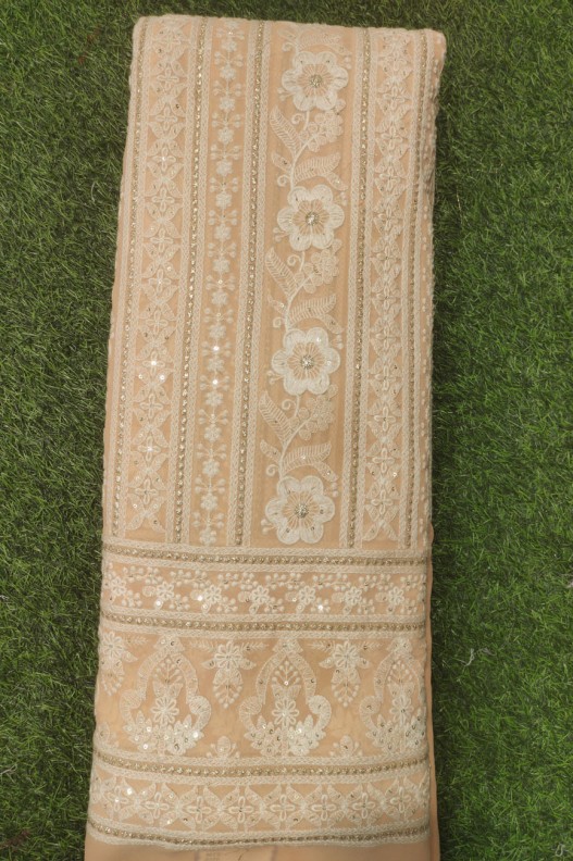 Beige Lakhnavi Fabric With Fox Panel Lakhnavi Work