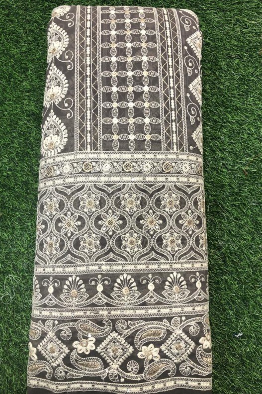 Slate Gret Lakhnavi Fabric With Fox Panel Lakhnavi Work