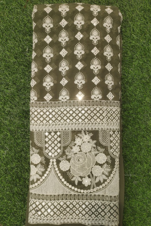 Dark Olive Lakhnavi fabric With Fox Panel Lakhnavi Work