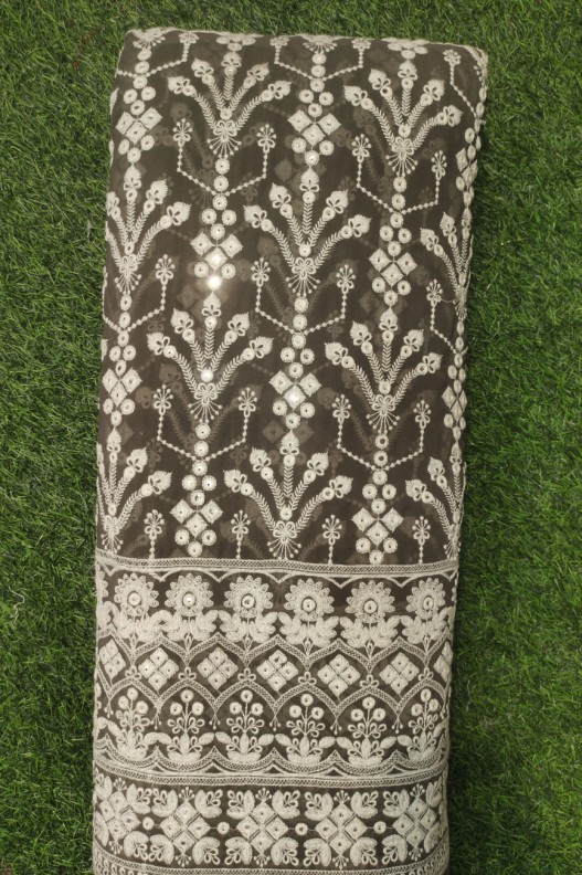 Olive Lakhnavi Fabric With Fox Panel Lakhnavi Work