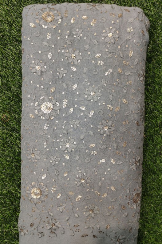 Grey Lakhnavi Fabric With Geo Color Lakhnavi Work