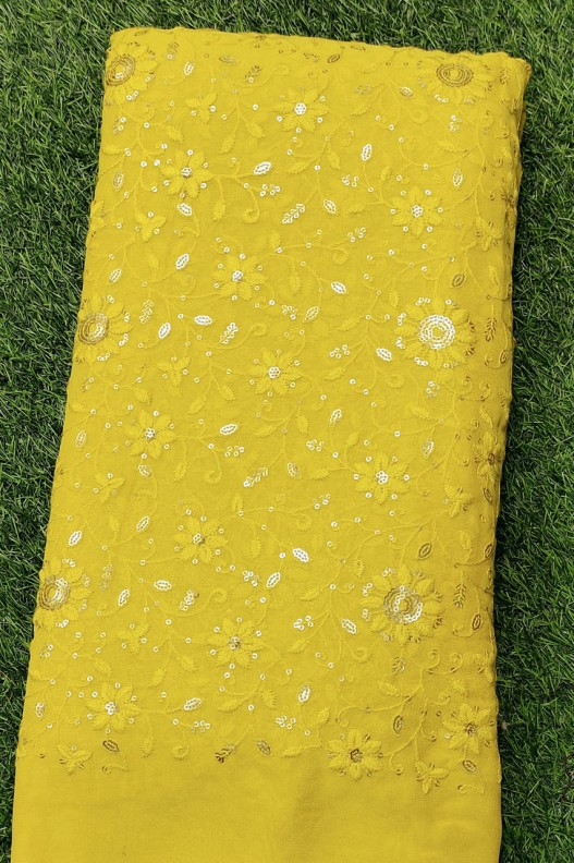 Yellow Lakhnavi Fabric With Geo Color Lakhnavi Work