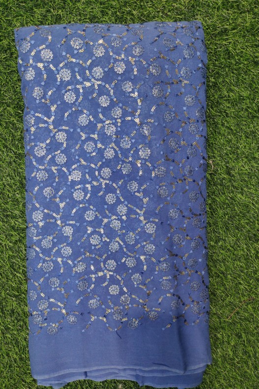 Cerulean Blue Lakhnavi Fabric With Geo Color Lakhnavi Work