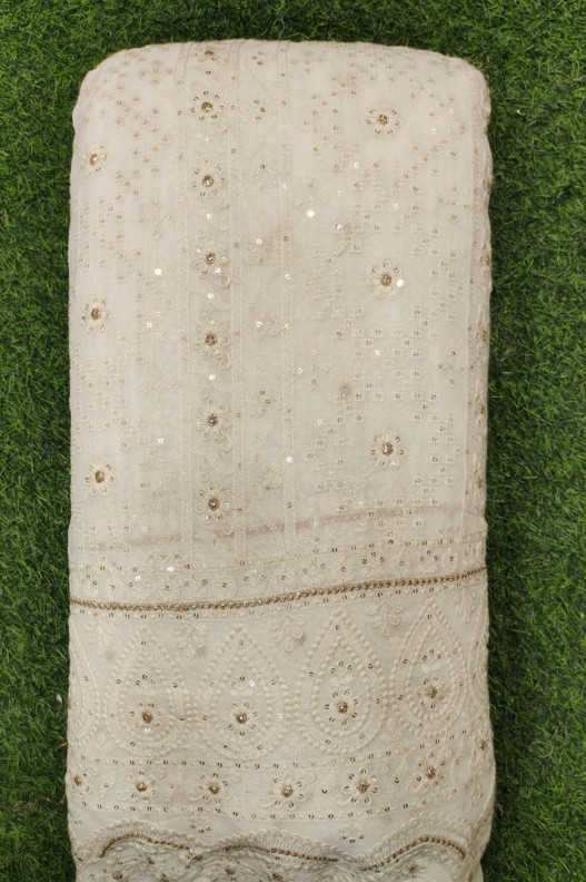 White Lakhnavi Fabric With Geo Lakhnavi Panel Work