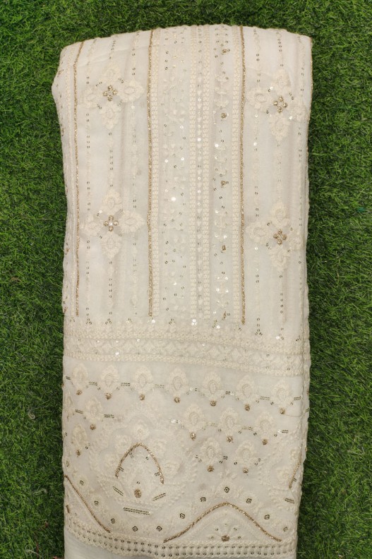 White Lakhnavi Fabric With Geo Lakhnavi Panel Work