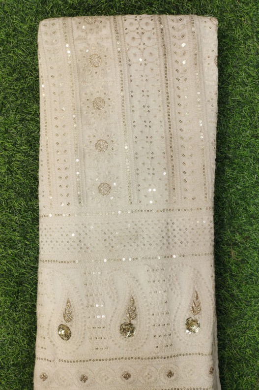 White Lakhnavi Fabric With Geo Lakhnavi Panel Work