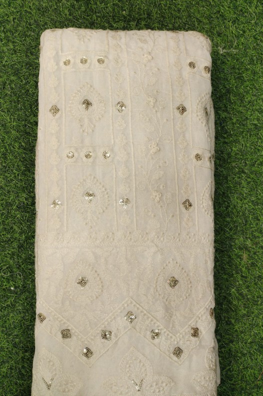 White Lakhnavi Fabric With Geo Lakhnavi Panel Work