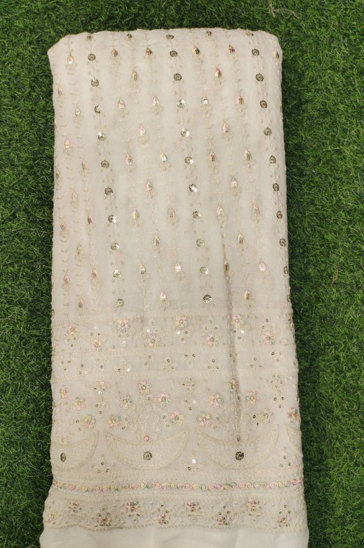 White Lakhnavi Fabric With Geo Lakhnavi Panel Work