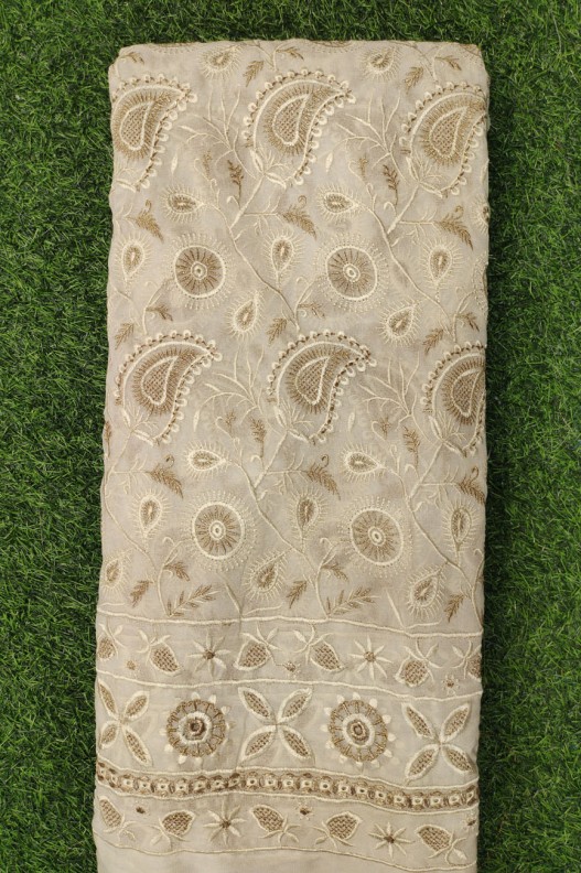 White Lakhnavi Fabric With Geo Lakhnavi Panel Work