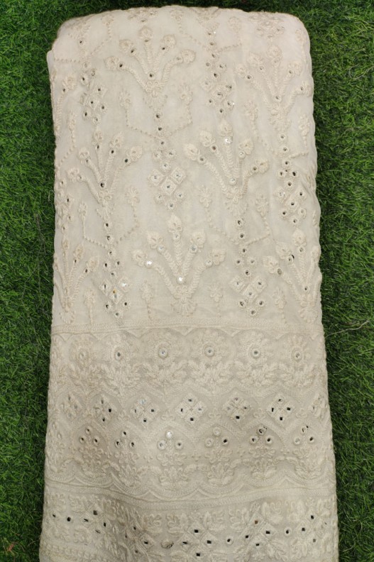 White Lakhnavi Fabric With Geo Lakhnavi Panel Work