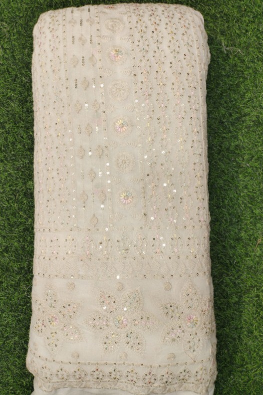 White Lakhnavi Fabric With Geo Lakhnavi Panel Work