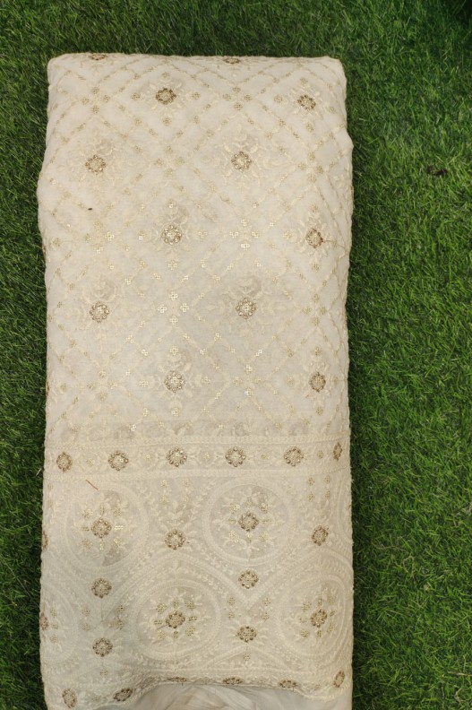 White Lakhnavi Fabric With Geo Lakhnavi Panel Work